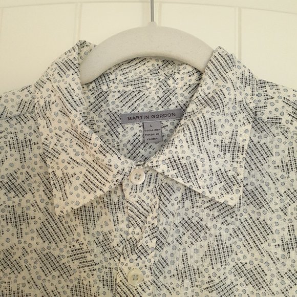 Martin Gordon Linen Long Sleeve Button Up Shirt White Blue & Black Print Size L - Picture 4 of 11